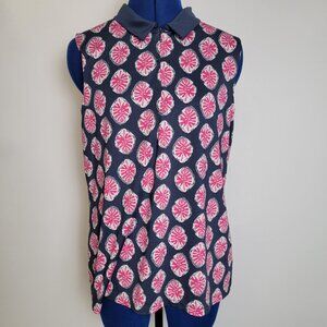 Tommy Bahama Golf Womens Blue Pink Monstera Leaves Sleeveless Collared Shirt XL